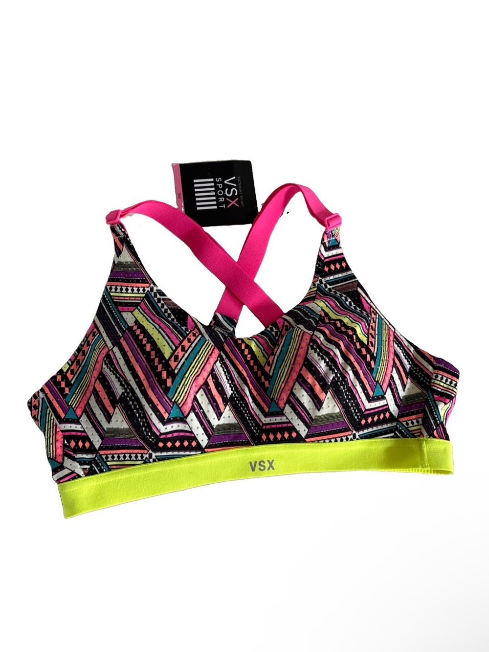 VSX Neon Yellow Band & Hot Pink Strappy Geometric Sports Bra